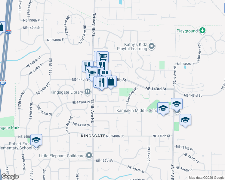 map of restaurants, bars, coffee shops, grocery stores, and more near 14318 126th Avenue Northeast in Kirkland