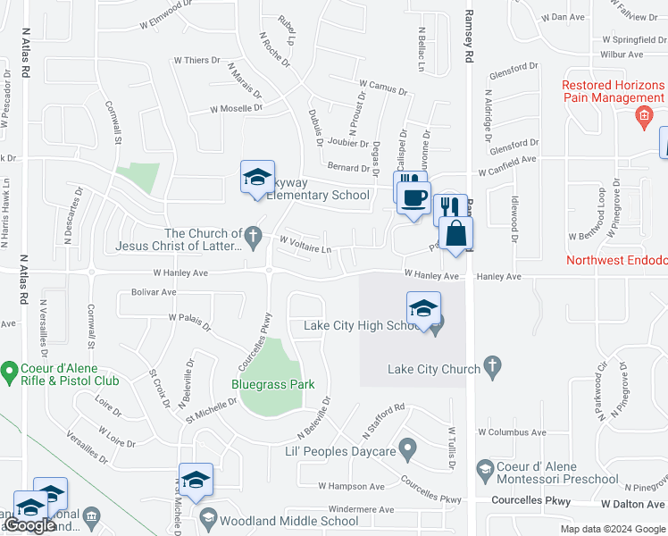 map of restaurants, bars, coffee shops, grocery stores, and more near 201 North Regency Court in Coeur d'Alene