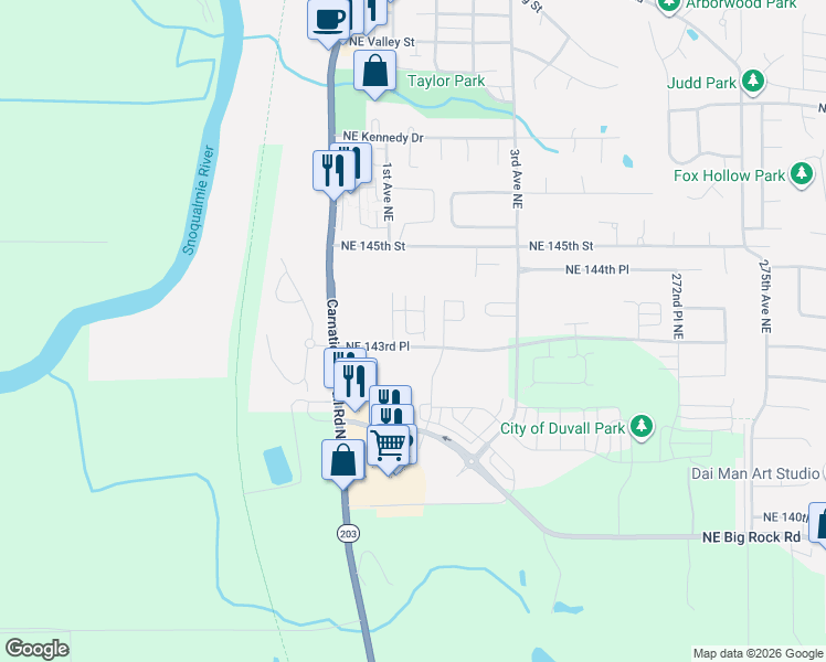 map of restaurants, bars, coffee shops, grocery stores, and more near 26512 Northeast 143rd Circle in Duvall