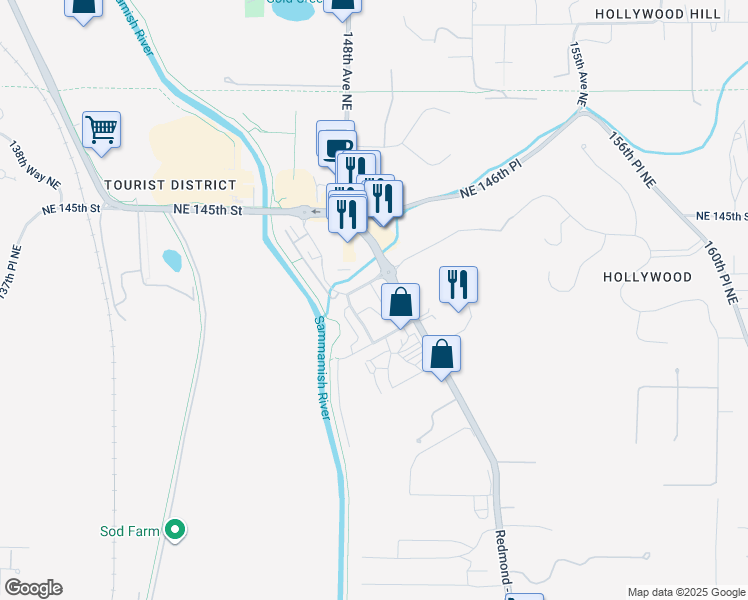 map of restaurants, bars, coffee shops, grocery stores, and more near Northeast 149th Street in King County