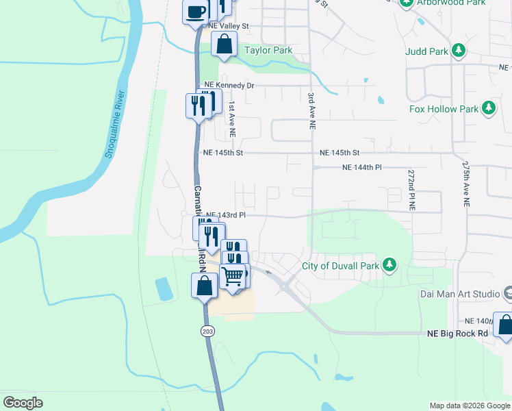 map of restaurants, bars, coffee shops, grocery stores, and more near 26531 Northeast 143rd Circle in Duvall