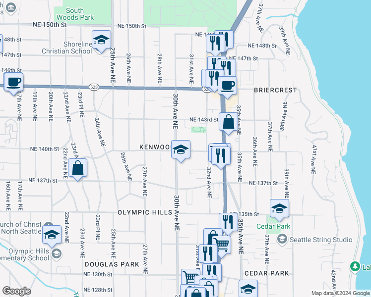map of restaurants, bars, coffee shops, grocery stores, and more near 3029 Northeast 140th Street in Seattle