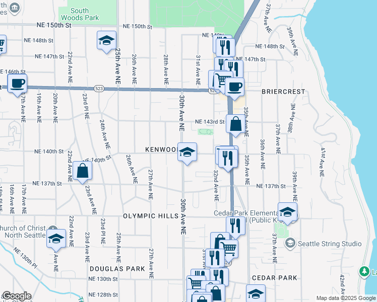 map of restaurants, bars, coffee shops, grocery stores, and more near 14007 30th Avenue Northeast in Seattle