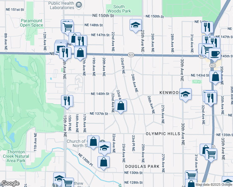 map of restaurants, bars, coffee shops, grocery stores, and more near 14025 23rd Avenue Northeast in Seattle