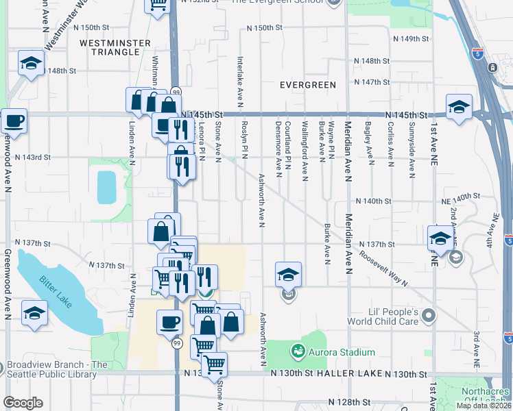 map of restaurants, bars, coffee shops, grocery stores, and more near 13747 Ashworth Avenue North in Seattle