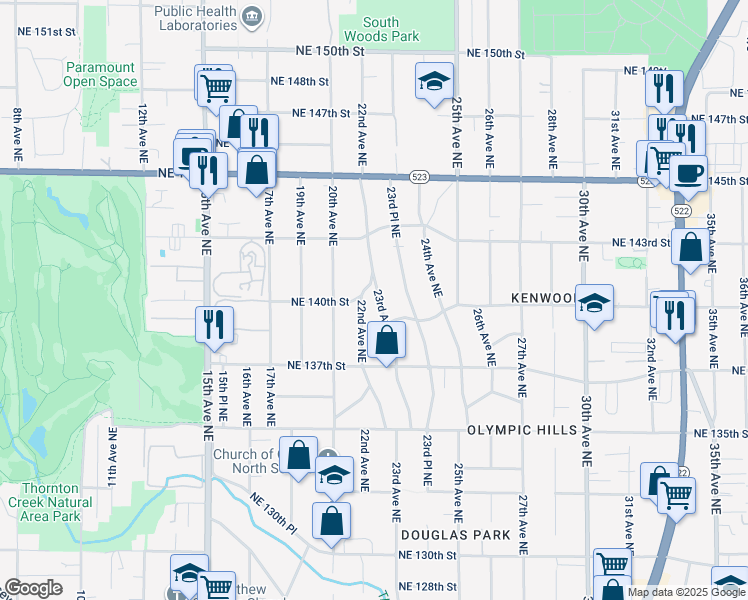 map of restaurants, bars, coffee shops, grocery stores, and more near 14025 23rd Avenue Northeast in Seattle