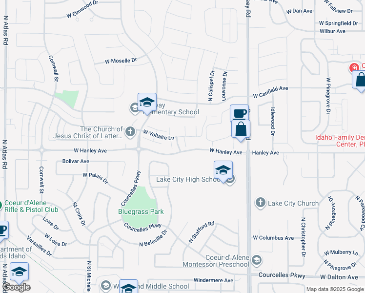 map of restaurants, bars, coffee shops, grocery stores, and more near 304 North Adirondak Court in Coeur d'Alene