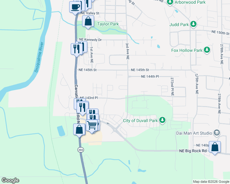 map of restaurants, bars, coffee shops, grocery stores, and more near 14324 266th Circle Northeast in Duvall