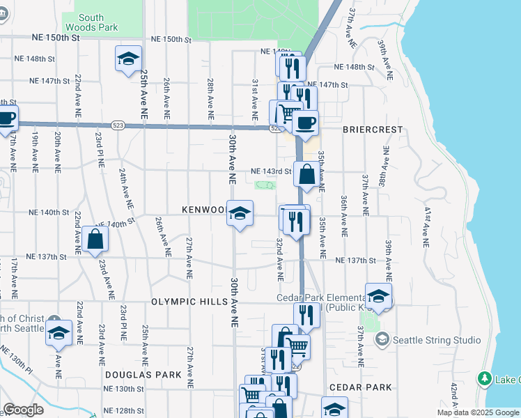 map of restaurants, bars, coffee shops, grocery stores, and more near 3032 Northeast 140th Street in Seattle