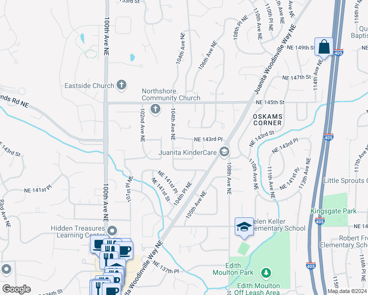 map of restaurants, bars, coffee shops, grocery stores, and more near 14213 105th Avenue Northeast in Kirkland