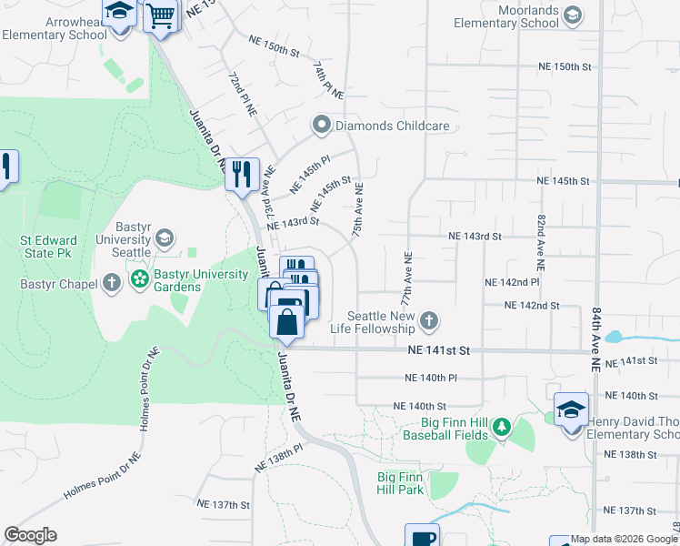 map of restaurants, bars, coffee shops, grocery stores, and more near 14201 75th Avenue Northeast in Kirkland