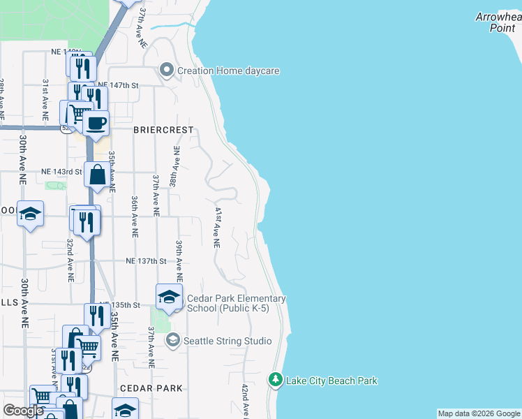 map of restaurants, bars, coffee shops, grocery stores, and more near 14004 Riviera Place Northeast in Seattle