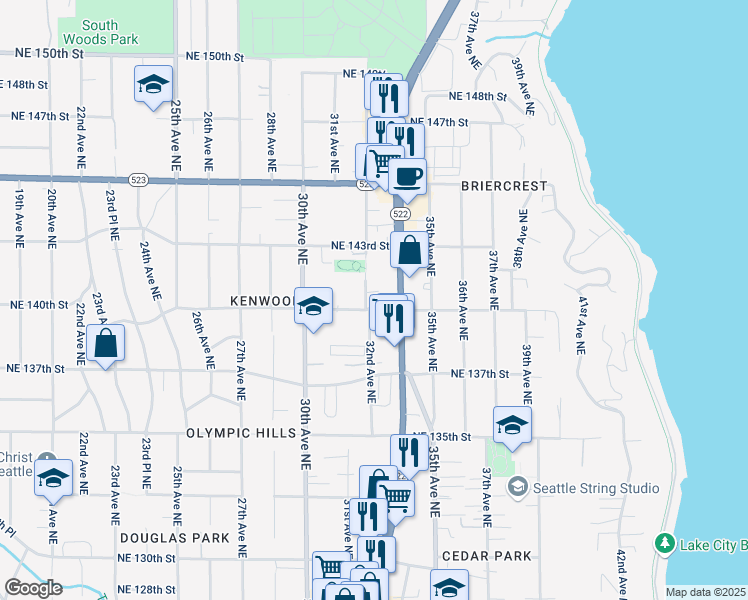 map of restaurants, bars, coffee shops, grocery stores, and more near 13760 32nd Avenue Northeast in Seattle