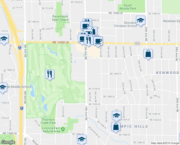 map of restaurants, bars, coffee shops, grocery stores, and more near 1502 Northeast 140th Street in Seattle