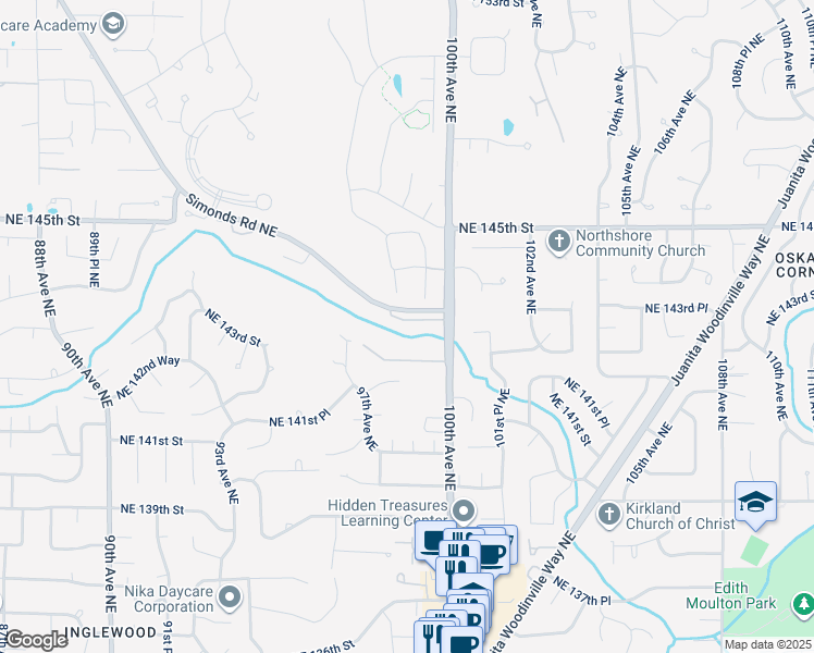 map of restaurants, bars, coffee shops, grocery stores, and more near 9816 Northeast 142nd Place in Kirkland