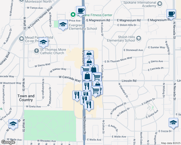 map of restaurants, bars, coffee shops, grocery stores, and more near 8004 North Division Street in Spokane