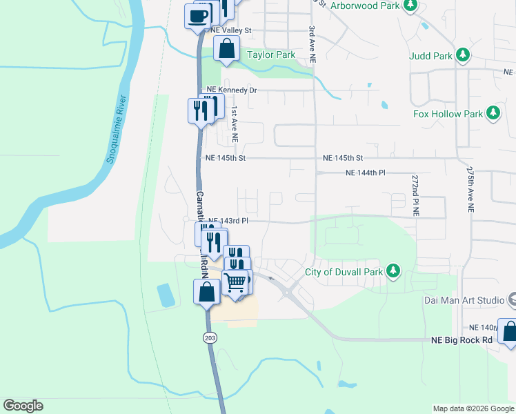 map of restaurants, bars, coffee shops, grocery stores, and more near 26516 Northeast 143rd Circle in Duvall