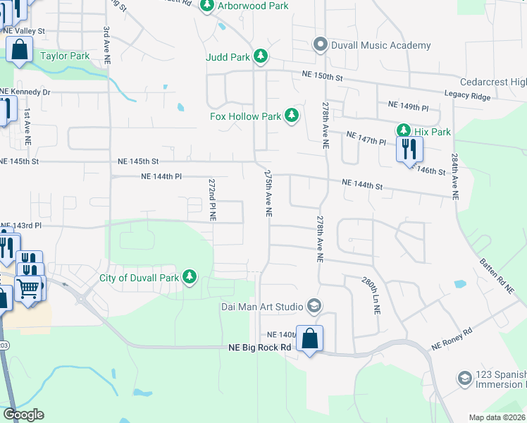 map of restaurants, bars, coffee shops, grocery stores, and more near 14303 275th Avenue Northeast in Duvall