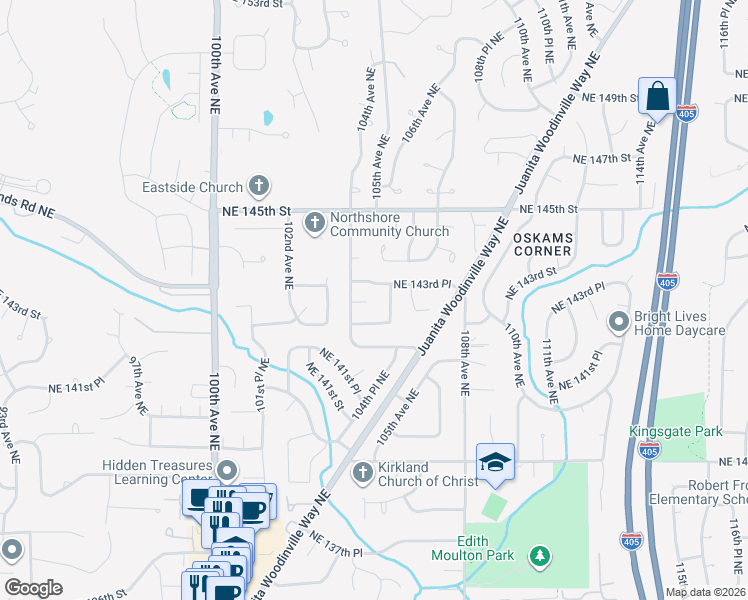 map of restaurants, bars, coffee shops, grocery stores, and more near 14213 105th Avenue Northeast in Kirkland