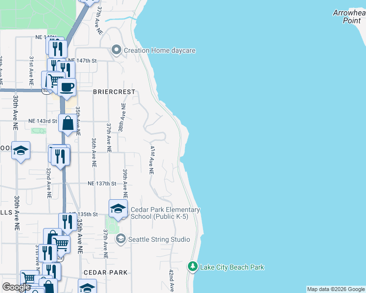 map of restaurants, bars, coffee shops, grocery stores, and more near 14004 Riviera Place Northeast in Seattle