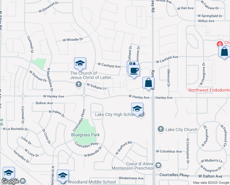 map of restaurants, bars, coffee shops, grocery stores, and more near 201 North Adirondak Court in Coeur d'Alene