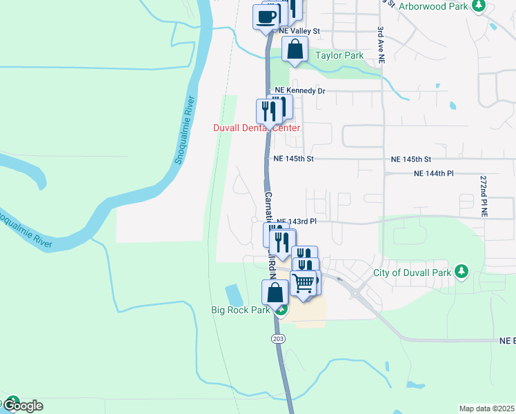 map of restaurants, bars, coffee shops, grocery stores, and more near 14322 Railroad Way Northeast in Duvall