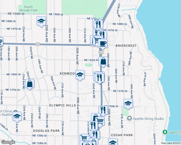 map of restaurants, bars, coffee shops, grocery stores, and more near 14009 32nd Avenue Northeast in Seattle