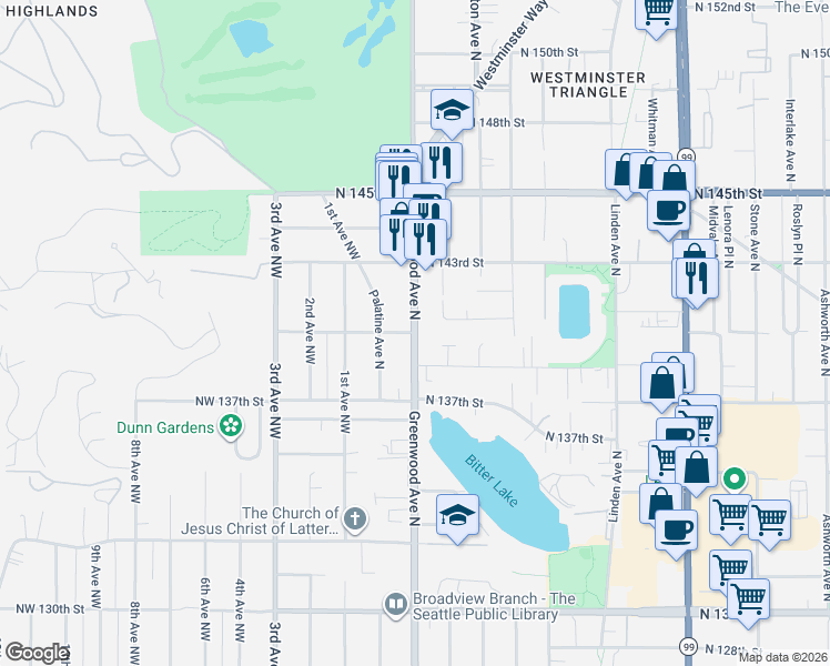 map of restaurants, bars, coffee shops, grocery stores, and more near 13999 Greenwood Ave N in Seattle