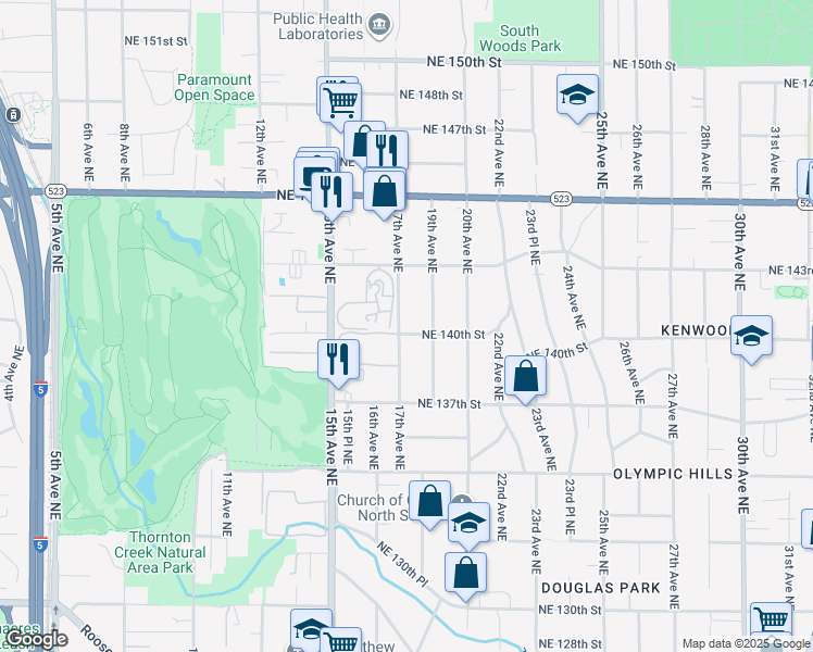 map of restaurants, bars, coffee shops, grocery stores, and more near 14004 17th Avenue Northeast in Seattle