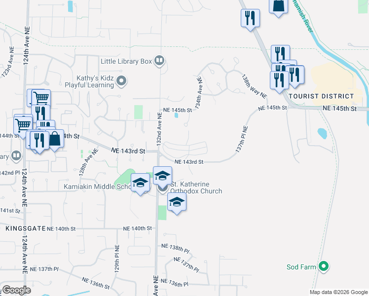 map of restaurants, bars, coffee shops, grocery stores, and more near 13282 Northeast 143rd Court in Woodinville