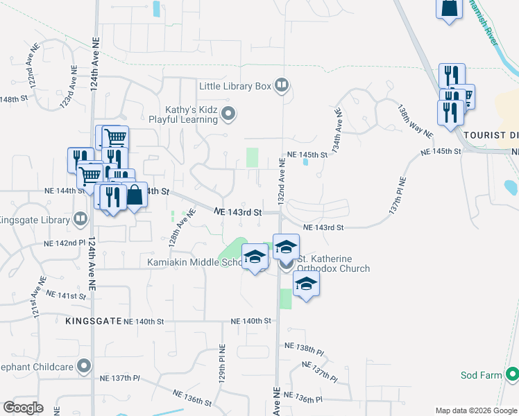 map of restaurants, bars, coffee shops, grocery stores, and more near 14251 132nd Avenue Northeast in Kirkland