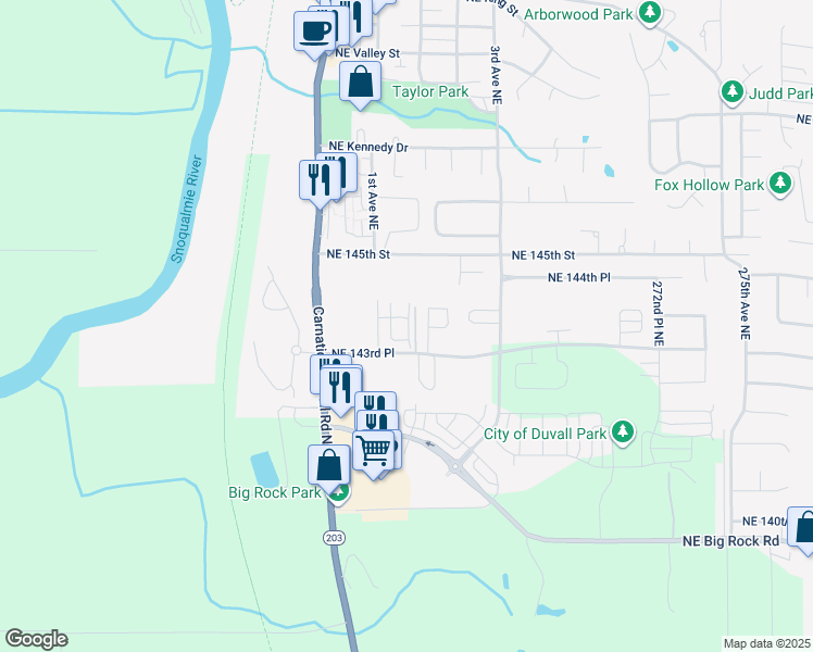 map of restaurants, bars, coffee shops, grocery stores, and more near 26532 Northeast 143rd Place in Duvall
