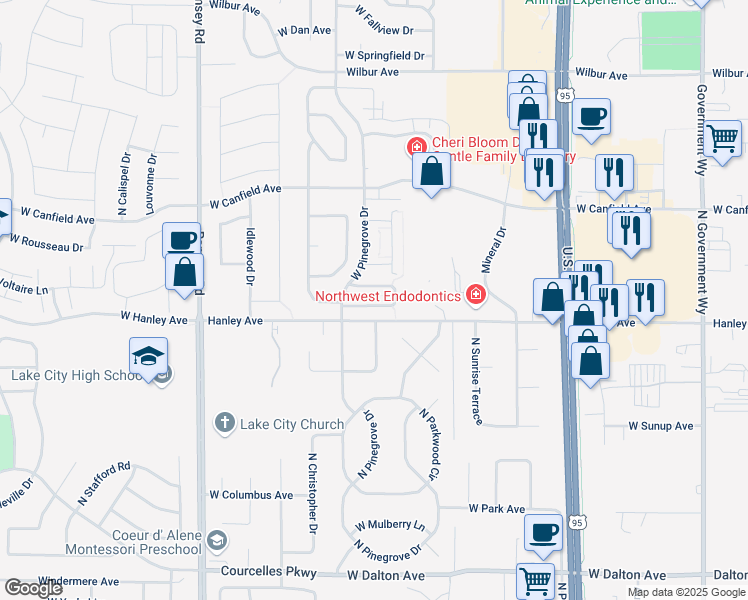 map of restaurants, bars, coffee shops, grocery stores, and more near 934 West Willow Lake Loop in Coeur d'Alene