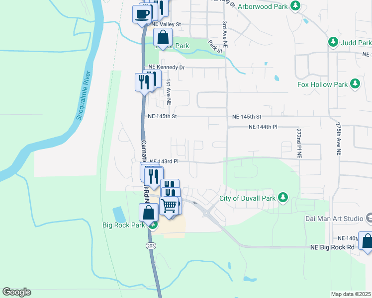 map of restaurants, bars, coffee shops, grocery stores, and more near 26474 Northeast 143rd Place in Duvall