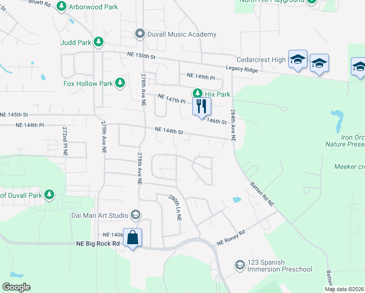 map of restaurants, bars, coffee shops, grocery stores, and more near 14308 281st Place Northeast in Duvall