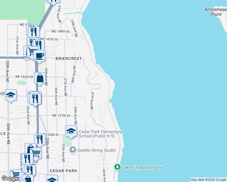 map of restaurants, bars, coffee shops, grocery stores, and more near 14004 Riviera Place Northeast in Seattle