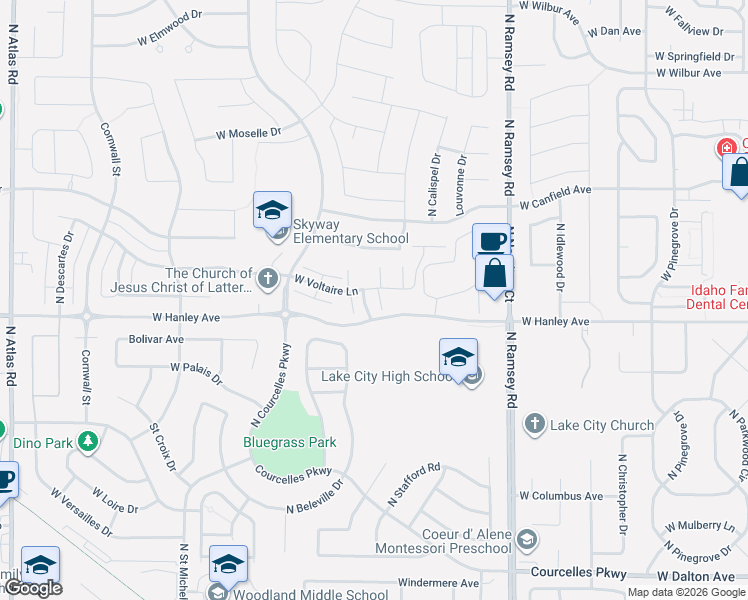 map of restaurants, bars, coffee shops, grocery stores, and more near 302 North Adirondack Court in Coeur d'Alene