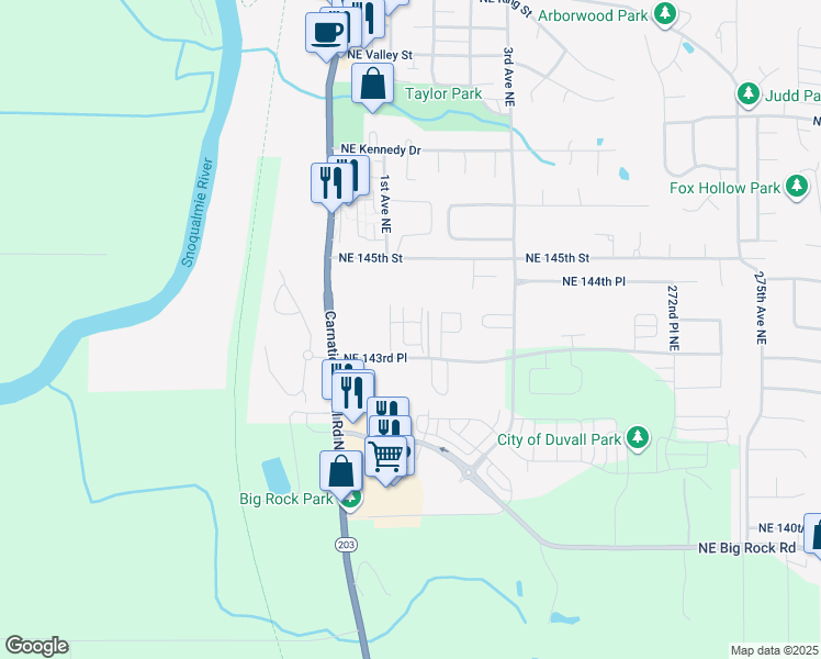 map of restaurants, bars, coffee shops, grocery stores, and more near 26474 Northeast 143rd Place in Duvall