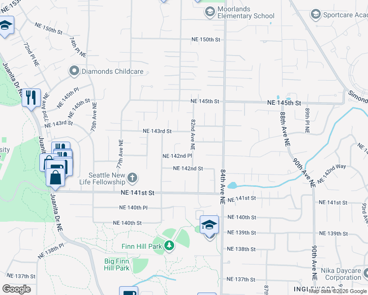 map of restaurants, bars, coffee shops, grocery stores, and more near 8125 Northeast 142nd Place in Kirkland