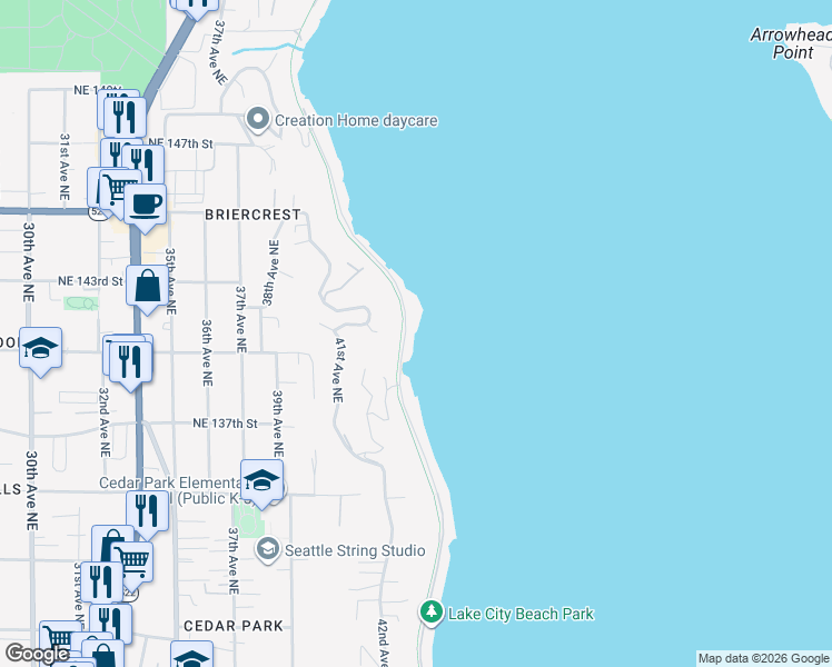 map of restaurants, bars, coffee shops, grocery stores, and more near 14004 Riviera Place Northeast in Seattle
