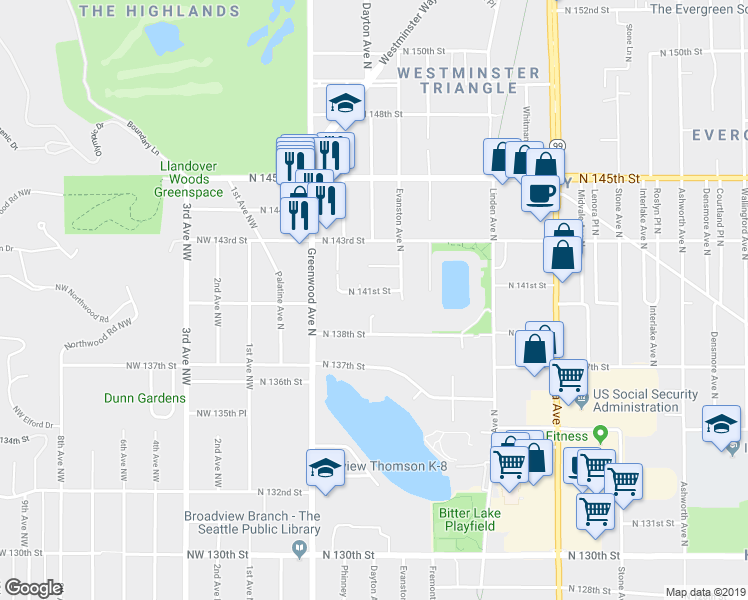 map of restaurants, bars, coffee shops, grocery stores, and more near 13809 Dayton Avenue North in Seattle