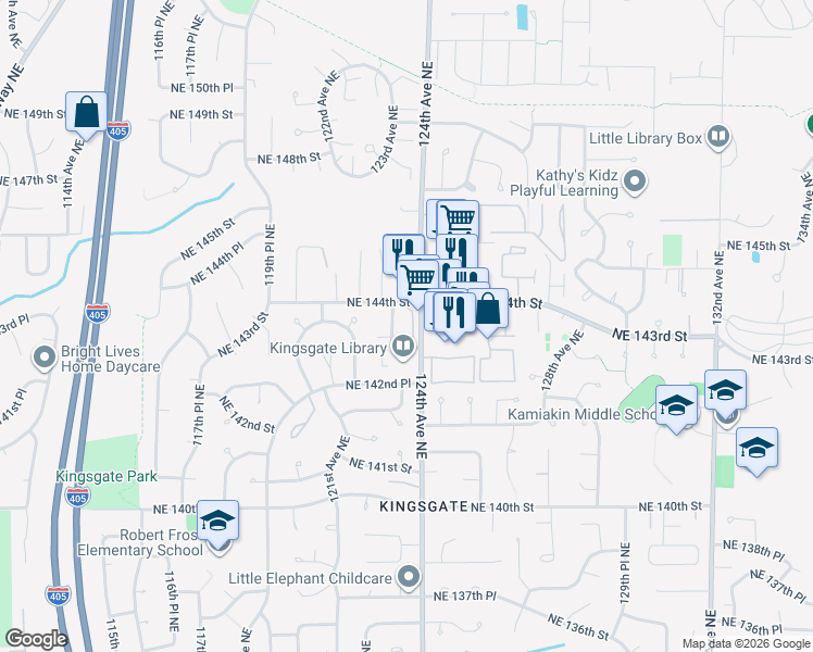 map of restaurants, bars, coffee shops, grocery stores, and more near 12315 Northeast 143rd Street in Kirkland