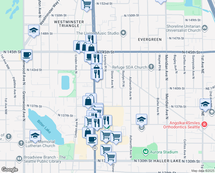 map of restaurants, bars, coffee shops, grocery stores, and more near 13744 Midvale Avenue North in Seattle