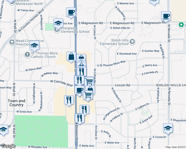 map of restaurants, bars, coffee shops, grocery stores, and more near 7923 North Colton Street in Spokane
