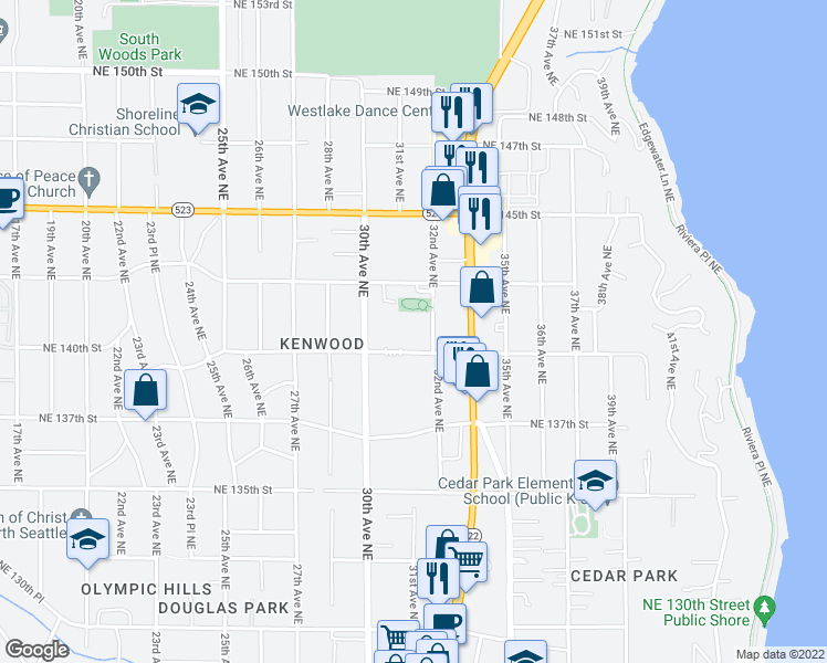 map of restaurants, bars, coffee shops, grocery stores, and more near 3029 Northeast 140th Street in Seattle