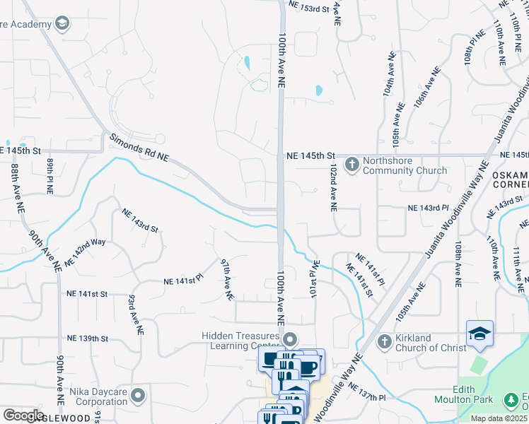 map of restaurants, bars, coffee shops, grocery stores, and more near 14335 Simonds Road Northeast in Kirkland
