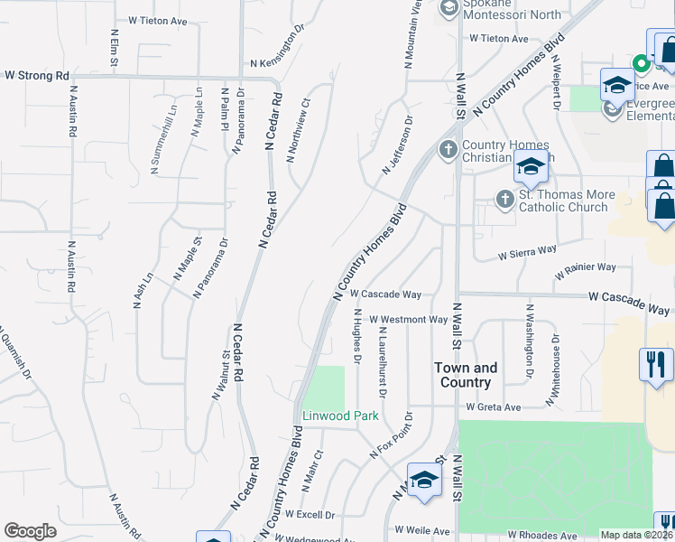 map of restaurants, bars, coffee shops, grocery stores, and more near 8005 North Country Homes Boulevard in Spokane