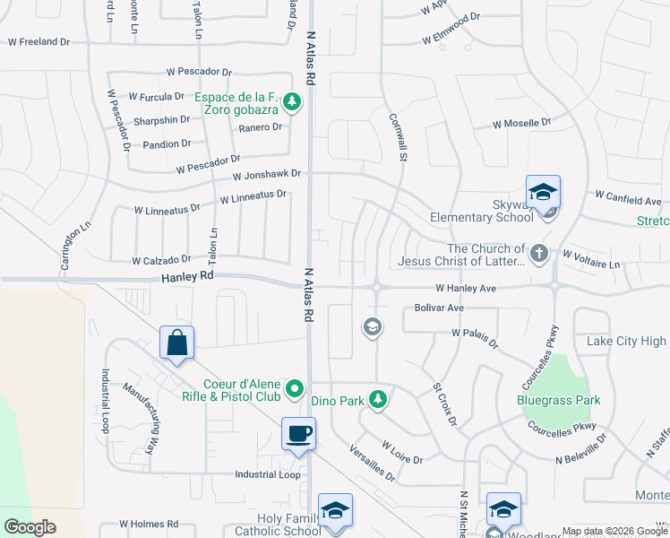 map of restaurants, bars, coffee shops, grocery stores, and more near 6480 Atlas Road in Coeur d'Alene