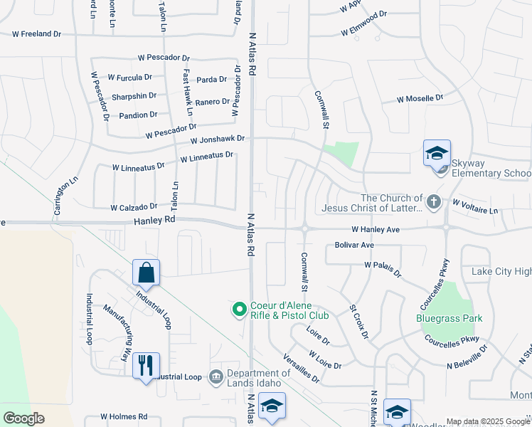 map of restaurants, bars, coffee shops, grocery stores, and more near 6480 Atlas Road in Coeur d'Alene