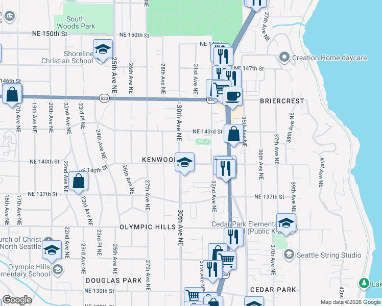 map of restaurants, bars, coffee shops, grocery stores, and more near 3037 Northeast 143rd Street in Seattle